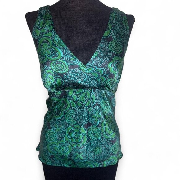 Vintage Old Navy 100% Silk Perfect Fit Tank Blue & Green Floral Print Size L - Picture 1 of 7